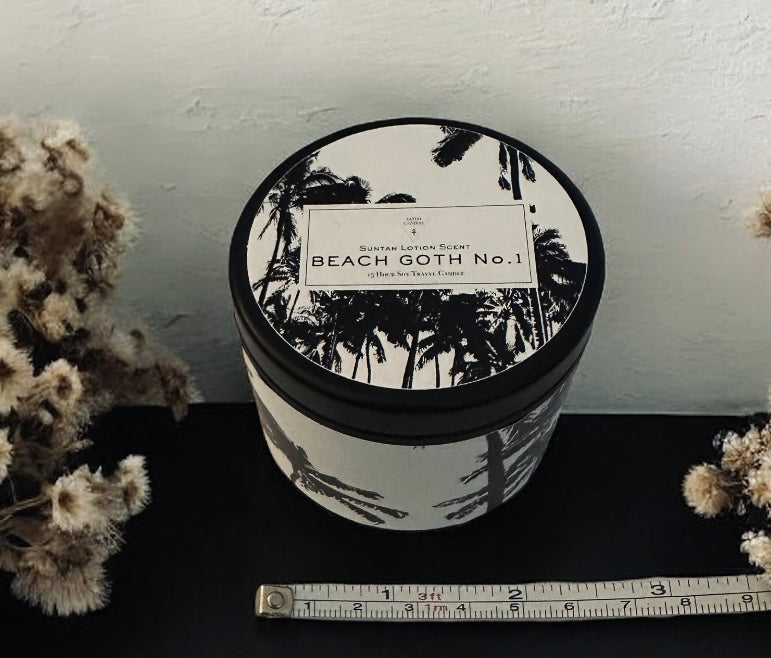 Suntan Lotion Travel Soy Candle – Beach Goth #1 – Goth Candles 4oz Tin
