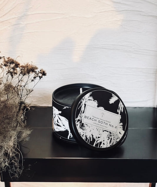 TRAVEL BEACH GOTH #2|Tropical Vanilla | Goth Candles | Summer Soy Black Candle | 4oz Tin Travel Vessel