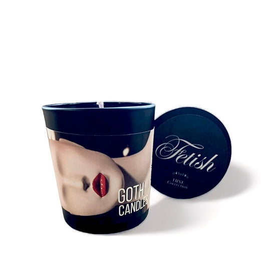 Black Orchid candle from Goth Candles’ Fetish collection,” featuring a sultry design with red lips and bold text. The matte black jar and lid add a dark, luxurious vibe. Ideal for gothic home decor, alternative aesthetics, and unique scent lovers.
