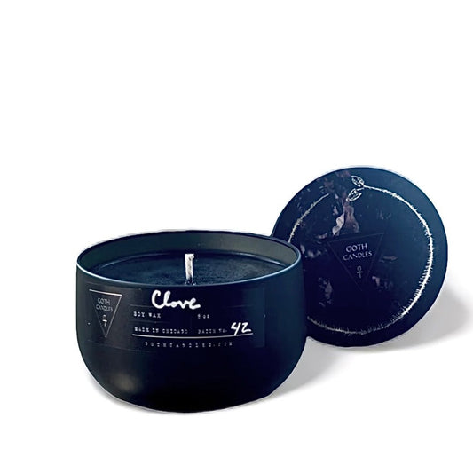 Goth Candles | CLOVE | 8 oz Black and Gold Tin Vessel | Scented Soy Black Candle