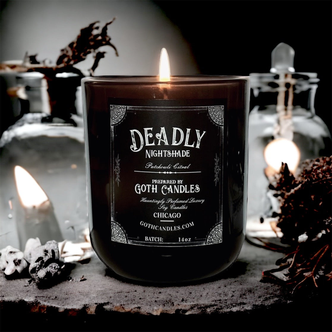 Patchouli Citral | Goth Candle | DEADLY NIGHTSHADE | 14oz Black Halloween Candle | Apothocary Candle | Soy Essential Oil Candle
