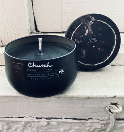 CHURCH | Frankincense and Myrrh Scent | Goth Candles | Black Premium Soy Wax | 8 oz Tin Vessel