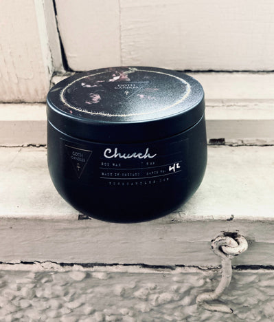 CHURCH | Frankincense and Myrrh Scent | Goth Candles | Black Premium Soy Wax | 8 oz Tin Vessel