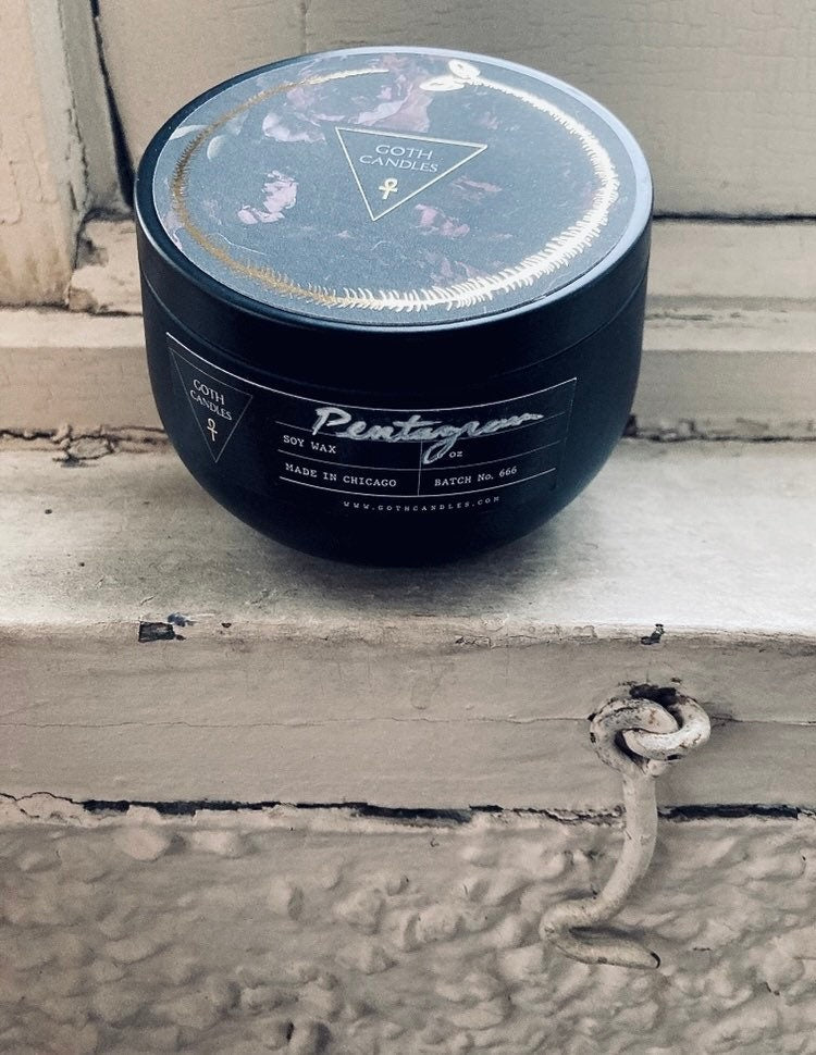 Sage + Salt | PENTAGRAM | Goth Candles | Protection Candle | Premium Soy | 8oz Black and Gold Tin Vessel