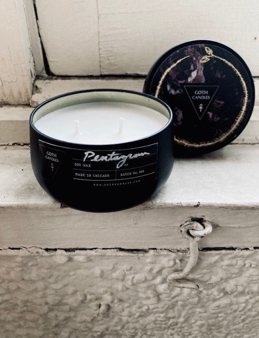 Sage + Salt | PENTAGRAM | Goth Candles | Protection Candle | Premium Soy | 8oz Black and Gold Tin  Vessel