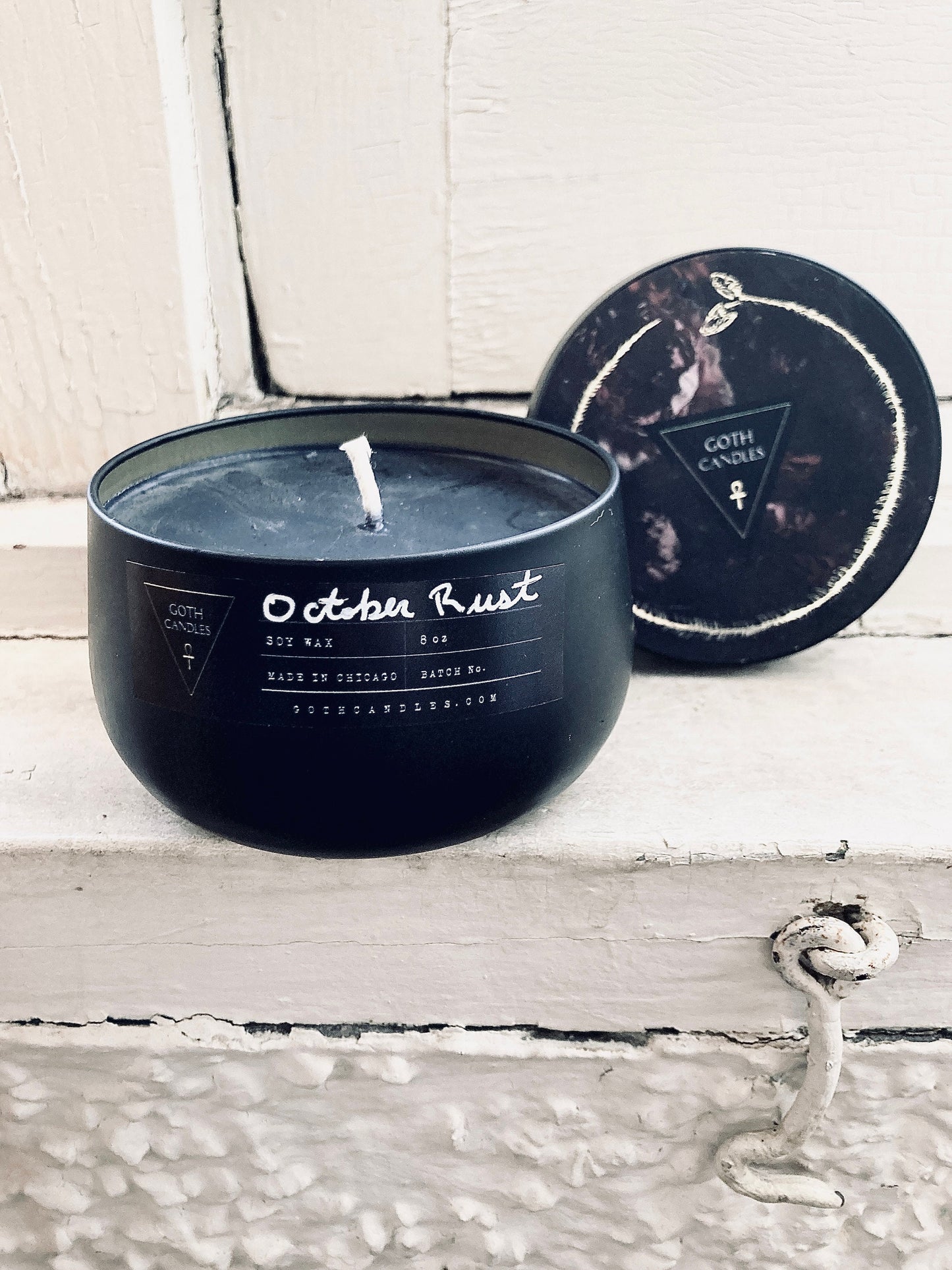Burning Leaves Scent| OCTOBER RUST | Goth Candles | Premium Black Soy Wax | 8oz Tin Vessel | Fireplace Scent | Fall Candle