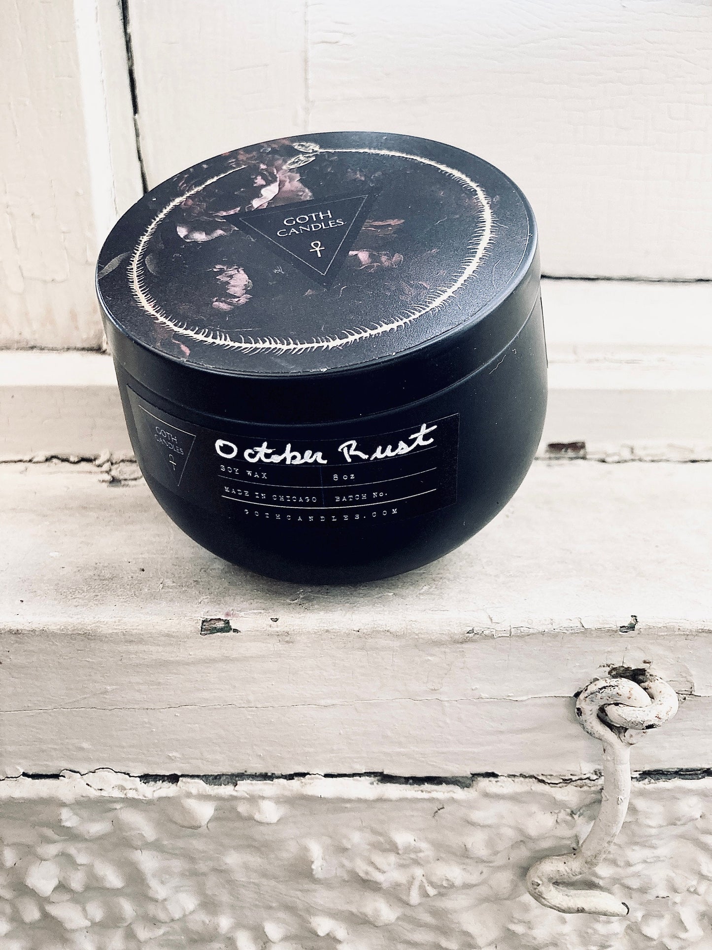 Burning Leaves Scent| OCTOBER RUST | Goth Candles | Premium Black Soy Wax | 8oz Tin Vessel | Fireplace Scent | Fall Candle