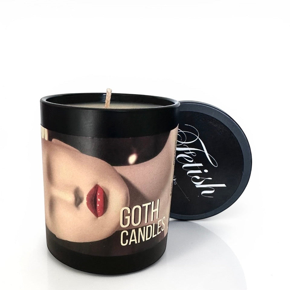 Goth Candle in a black container with a graphic design on a white background