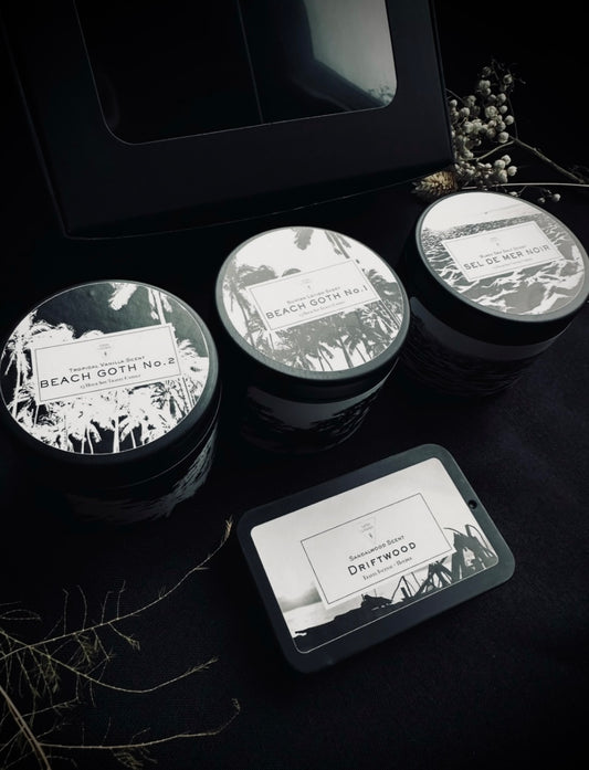 Limited Edition Goth Summer Travel Candle and Incense Bundle Set Soy Candle Suntan Lotion Tropical Vanilla Sea Salt Sandalwood Beach Goth