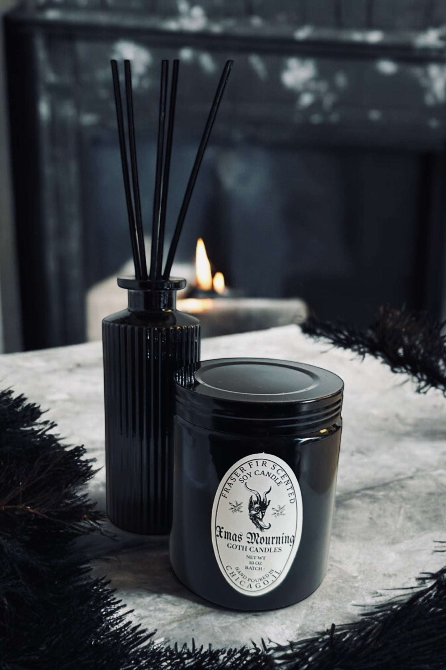 Fraser Fir Bundle | Xmas Mourning |  Christmas Reed Diffuser and Candle | Goth Candles | Goth Gift | Gothmas