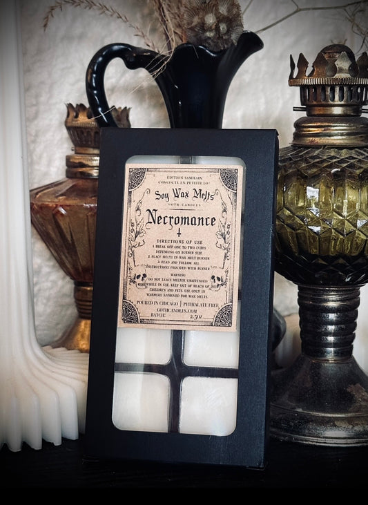 Decorative wax melts with vintage-style label in a black frame, surrounded by antique lanterns.
