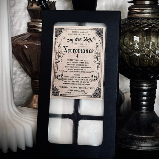 Decorative candle set with a black frame featuring a vintage-style spellbook design, surrounded by dark, vintage-themed decor.