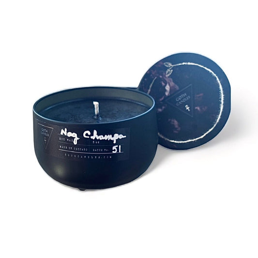 NAG CHAMPA | Goth Candles | 8oz Black and Gold Tin Vessel Black Goth Candle