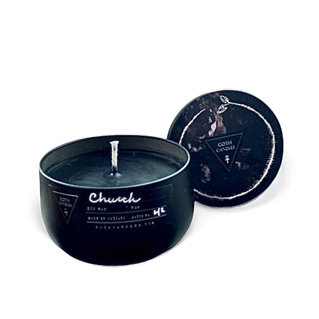 CHURCH | Frankincense and Myrrh Scent | Goth Candles | Black Premium Soy Wax | 8 oz Tin Vessel