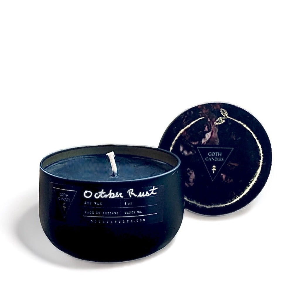 Burning Leaves Scent| OCTOBER RUST | Goth Candles | Premium Black Soy Wax | 8oz Tin Vessel | Fireplace Scent | Fall Candle