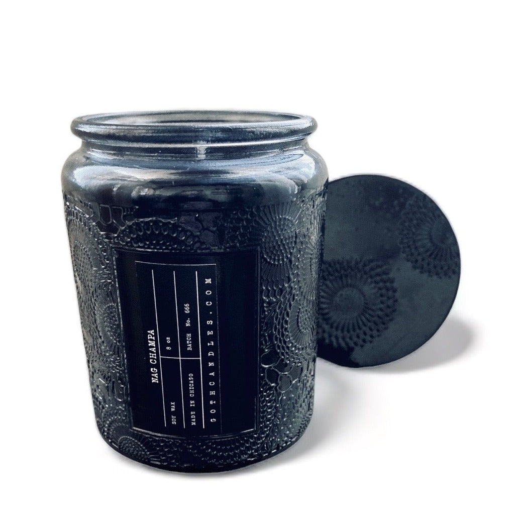 NAG CHAMPA | Goth Candles | Premium Soy | 8.8 oz Black Glass Vessel