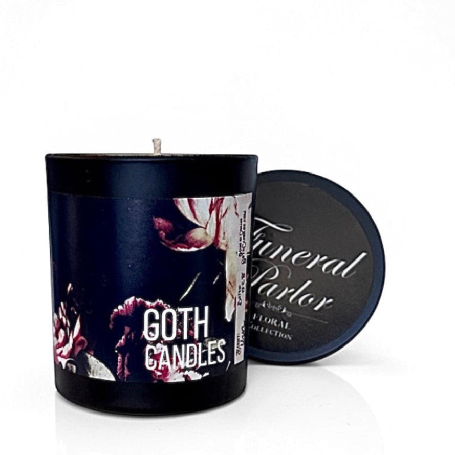 Black candle with 'Goth Candles' label on a white background