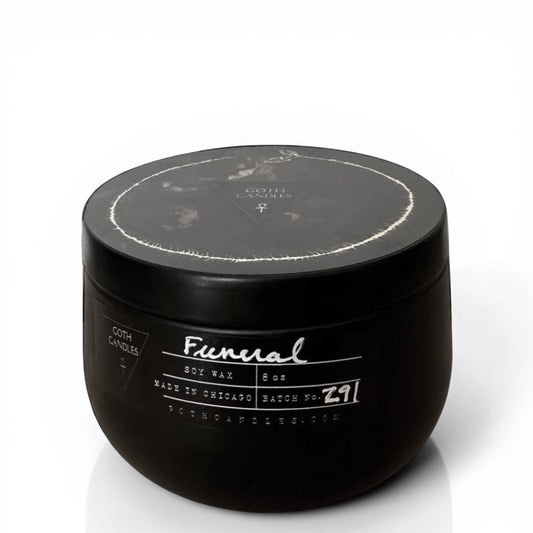 Black goth candle jar with 'Funeral' text on a white background
