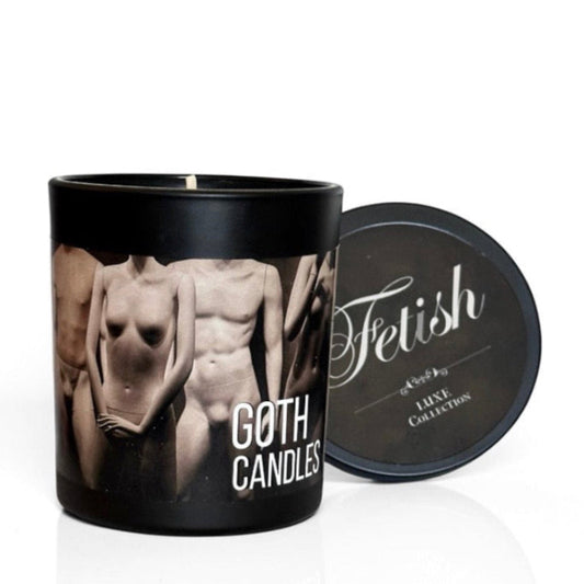 Goth candles with a black lid featuring a mannequin figure 