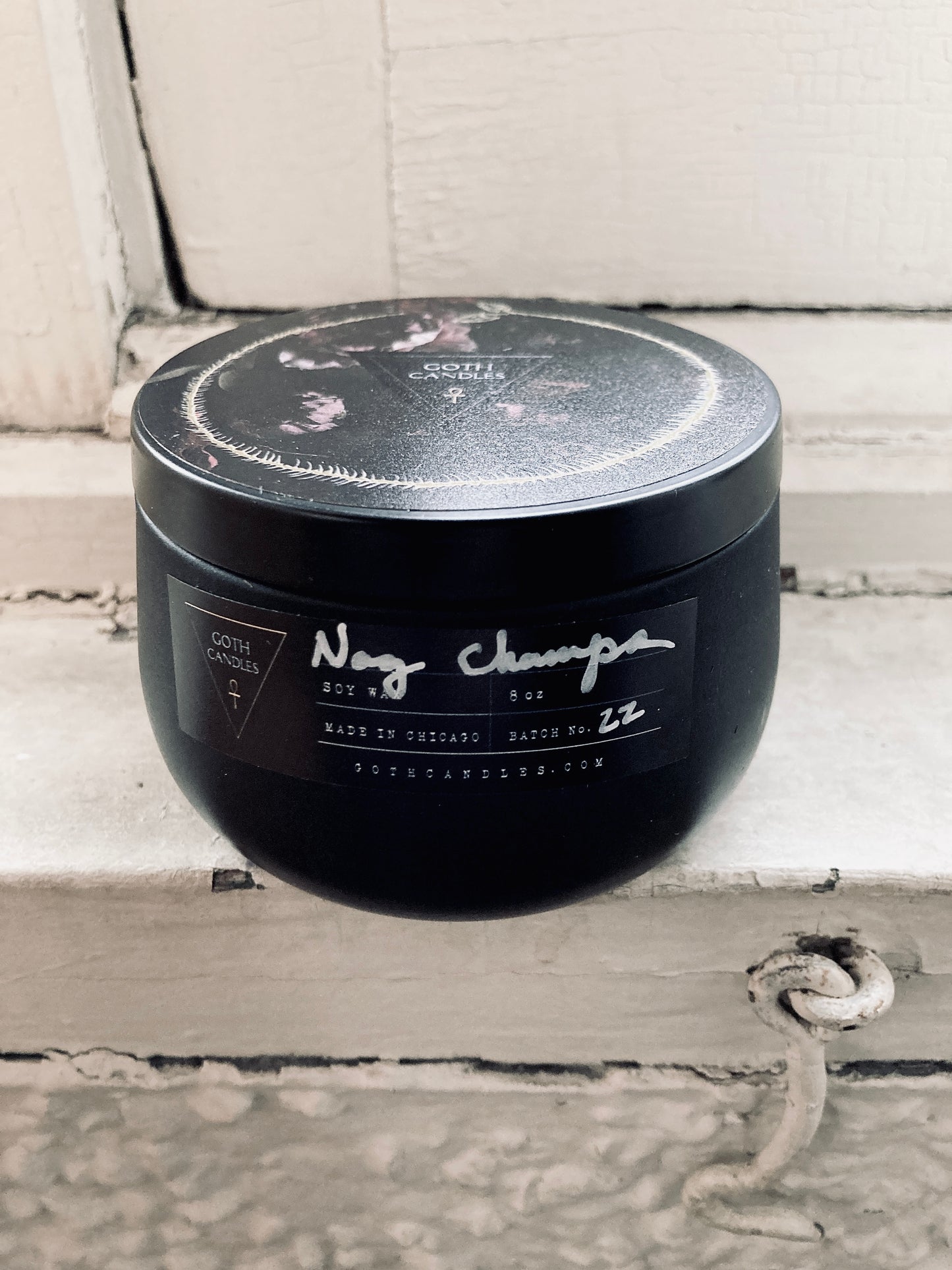 NAG CHAMPA | Goth Candles | 8oz Black and Gold Tin Vessel Black Goth Candle