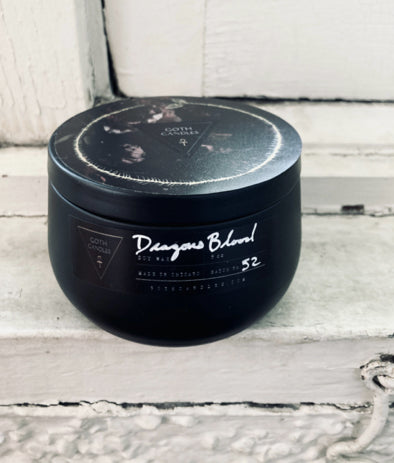 DRAGONS BLOOD | Goth Candles | 8 oz Tin Vessel | Scented Black Soy Candle